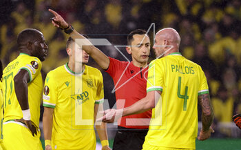 2023-02-23 - Nicolas Pallois of Nantes receives a red card and is sent off by referee Jose Maria Sanchez of Spain during the UEFA Europa League, Play-off, 2nd leg football match between FC Nantes and Juventus Turin on February 23, 2023 at La Beaujoire stadium in Nantes, France - FOOTBALL - EUROPA LEAGUE - NANTES V JUVENTUS - UEFA EUROPA LEAGUE - SOCCER