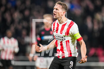 2023-02-23 - Luuk de Jong of PSV celebrates after scoring his sides first goal during the UEFA Europa League, Play-off, 2nd leg football match between PSV and Sevilla FC on February 23, 2023 at the Philips Stadion in Eindhoven, Netherlands - FOOTBALL - EUROPA LEAGUE - PSV V SEVILLA FC - UEFA EUROPA LEAGUE - SOCCER