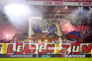 2023-02-23 - fans of FC Union Berlin, Tifo during the UEFA Europa League, Play-off, 2nd leg football match between FC Union Berlin and Ajax on February 23, 2023 at Stadion An der alten Forsterei in Berlin, Germany - FOOTBALL - EUROPA LEAGUE - UNION BERLIN V AJAX - UEFA EUROPA LEAGUE - SOCCER