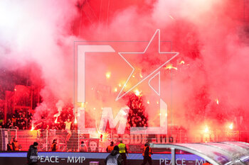 2023-02-23 - Fans of Ajax with fireworks during the UEFA Europa League, Play-off, 2nd leg football match between FC Union Berlin and Ajax on February 23, 2023 at Stadion An der alten Forsterei in Berlin, Germany - FOOTBALL - EUROPA LEAGUE - UNION BERLIN V AJAX - UEFA EUROPA LEAGUE - SOCCER