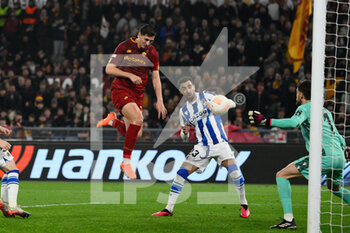 2023-03-09 - Marash Kumbulla (AS Roma) goal 2-0 during the UEFA Europa League 2022-2023 football match between AS Roma and Real Sociedad at the Olympic Stadium in Rome on March 09, 2022. - ROMA VS REAL SOCIEDAD - UEFA EUROPA LEAGUE - SOCCER