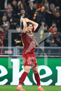2023-03-09 - Marash Kumbulla (AS Roma)  celebrates after scoring the goal 2-0 during the UEFA Europa League 2022-2023 football match between AS Roma and Real Sociedad at the Olympic Stadium in Rome on March 09, 2022. - ROMA VS REAL SOCIEDAD - UEFA EUROPA LEAGUE - SOCCER