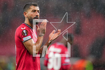 2023-03-09 - Kerem Demirbay of Bayer 04 Leverkusen celebrates the win during the UEFA Europa League, Round of 16, 1st leg football match between Bayer 04 Leverkusen and Ferencvaros TC on March 9, 2023 at the BayArena in Leverkusen, Germany - FOOTBALL - EUROPA LEAGUE - LEVERKUSEN V FERENCVAROS - UEFA EUROPA LEAGUE - SOCCER