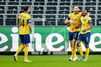 2023-03-16 - Lazare Amani of Royale Union Saint-Gilloise celebrates after scoring his teams second goal during the UEFA Europa League, Round of 16, 2nd leg football match between Royale Union Saint-Gilloise and FC Union Berlin on March 16, 2023 at the Anderlecht Stadium in Brussels, Belgium - FOOTBALL - EUROPA LEAGUE - UNION SAINT-GILLOISE V UNION BERLIN - UEFA EUROPA LEAGUE - SOCCER