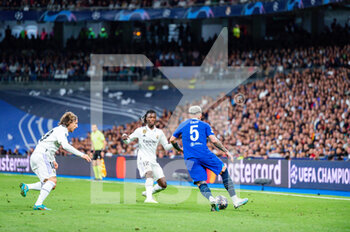2023-04-12 - Enzo Fernández (Chelsea), Eduardo Camavinga (Real Madrid) and Luka Modric (Real Madrid) in action during the football match between
Real Madrid and Chelsea valid for the first leg of the quarter final of the Uefa Champion’s League celebrated in Madrid, Spain at Bernabeu stadium on Tuesday 12 March 2023 - QUARTER FINALS - REAL MADRID FC VS CHELSEA FC - UEFA CHAMPIONS LEAGUE - SOCCER