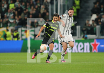 2023-04-13 - Paulinho of Sporting CP and Federico Gatti of Juventus during the Uefa Europa League, football match between Juventus Fc and Sporting Cp on 13 April 2023 at Allianz Stadium, Turin, Italy. Photo Nderim Kaceli - QUARTER-FINALS - JUVENTUS FC VS SPORTING SP - UEFA EUROPA LEAGUE - SOCCER