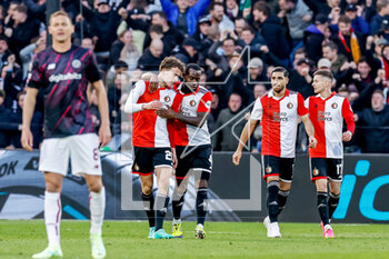 2023-04-13 - Mats Wieffer of Feyenoord celebrates his goal 1-0 with Lutsharel Geertruida during the UEFA Europa League, Quarter-finals, 1st leg football match between Feyenoord and AS Roma on April 13, 2023 at Stadion Feijenoord 'De Kuip' in Rotterdam, Netherlands - FOOTBALL - EUROPA LEAGUE - FEYENOORD V ROMA - UEFA EUROPA LEAGUE - SOCCER