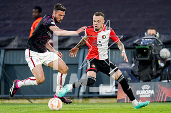 2023-04-13 - Bryan Cristante of AS Roma, Mats Wieffer of Feyenoord during the UEFA Europa League, Quarter-finals, 1st leg football match between Feyenoord and AS Roma on April 13, 2023 at Stadion Feijenoord 'De Kuip' in Rotterdam, Netherlands - FOOTBALL - EUROPA LEAGUE - FEYENOORD V ROMA - UEFA EUROPA LEAGUE - SOCCER