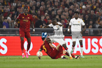 2023-05-11 - Moussa Diaby of Bayer 04 Leverkusen and Roger Ibanez of A.S. Roma during the first leg of the Semi-final of the UEFA Europa League between A.S. Roma vs Bayer 04 Leverkusen on May 11, 2023 at the Stadio Olimpico in Rome. - SEMIFINAL - AS ROMA VS BAYER 04 LEVERKUSEN - UEFA EUROPA LEAGUE - SOCCER