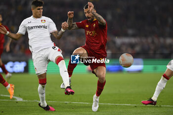 2023-05-11 - Piero Hincapie of Bayer 04 Leverkusen and Roger Ibanez of A.S. Roma during the first leg of the Semi-final of the UEFA Europa League between A.S. Roma vs Bayer 04 Leverkusen on May 11, 2023 at the Stadio Olimpico in Rome. - SEMIFINAL - AS ROMA VS BAYER 04 LEVERKUSEN - UEFA EUROPA LEAGUE - SOCCER