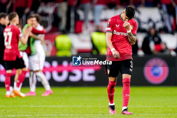 2023-05-18 - Piero Hincapie of Bayer 04 Leverkusen looks dejected at full time during the UEFA Europa League, Semi-finals, 2nd leg football match between Bayer 04 Leverkusen and AS Roma on May 18, 2023 at BayArena in Leverkusen, Germany - FOOTBALL - EUROPA LEAGUE - LEVERKUSEN V ROMA - UEFA EUROPA LEAGUE - SOCCER