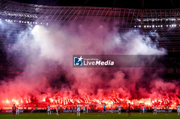 2023-05-18 - Fireworks used by Fans and Supporters of Bayer 04 Leverkusen during the UEFA Europa League, Semi-finals, 2nd leg football match between Bayer 04 Leverkusen and AS Roma on May 18, 2023 at BayArena in Leverkusen, Germany - FOOTBALL - EUROPA LEAGUE - LEVERKUSEN V ROMA - UEFA EUROPA LEAGUE - SOCCER