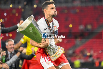 2023-05-31 - Happiness of Sevilla FC’s Jesus Navas after the Europe League final soccer match between AS Roma vs. Sevilla at the Puskas Arena in Budapest, Hungary, 31st of May 2023 won by Sevilla FC - FINAL - SEVILLA FC VS AS ROMA - UEFA EUROPA LEAGUE - SOCCER