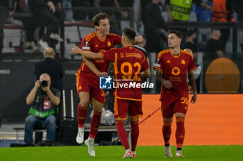 2023-10-26 - Edoardo Bove (AS Roma); celebrates after scoring the goal 1-0 during the UEFA Europa League 2023-2024 football match between AS Roma and SK Slavia Praha Group G at the Olympic Stadium in Rome on 26 October 2023. - AS ROMA VS SK SLAVIA PRAHA - UEFA EUROPA LEAGUE - SOCCER