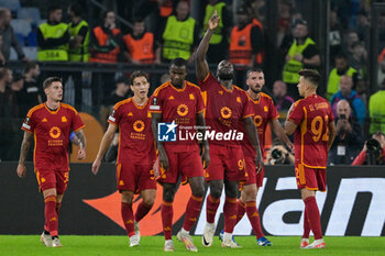 2023-10-26 - Romelu Lukaku (AS Roma); celebrates after scoring the goal 2-0 during the UEFA Europa League 2023-2024 football match between AS Roma and SK Slavia Praha Group G at the Olympic Stadium in Rome on 26 October 2023. - AS ROMA VS SK SLAVIA PRAHA - UEFA EUROPA LEAGUE - SOCCER