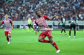 2023-09-21 - 9 Ayoub El Kaabi of Olympiacos FC after scoring a goal during the Europa League Group A match between Olympiacos FC and SC Freiburg at Georgios Karaiskakis Stadium on September 21, 2023, in Athens, Greece. - OLYMPIACOS VS FREIBURG, EUROPA LEAGUE, GROUP A - UEFA EUROPA LEAGUE - SOCCER
