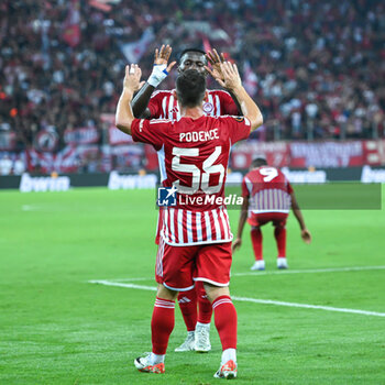 2023-09-21 - 56 Daniel Podence of Olympiacos FC celebrating a goal with teammates during the Europa League Group A match between Olympiacos FC and SC Freiburg at Georgios Karaiskakis Stadium on September 21, 2023, in Athens, Greece. - OLYMPIACOS VS FREIBURG, EUROPA LEAGUE, GROUP A - UEFA EUROPA LEAGUE - SOCCER