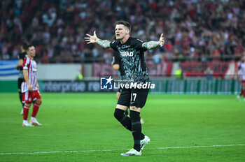 2023-09-21 - 17 Lukas Kubler of SC Freiburg disagree with referee decision during the Europa League Group A match between Olympiacos FC and SC Freiburg at Georgios Karaiskakis Stadium on September 21, 2023, in Athens, Greece. - OLYMPIACOS VS FREIBURG, EUROPA LEAGUE, GROUP A - UEFA EUROPA LEAGUE - SOCCER
