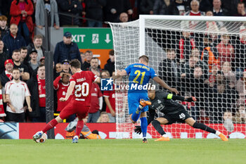 2023-10-05 - Liverpool forward Diogo Jota (20) scores a goal 2-0 during the UEFA Europa League, Group E football match between Liverpool and Royale Union Saint-Gilloise on 5 October 2023 at Anfield stadium in Liverpool, England - FOOTBALL - EUROPA LEAGUE - LIVERPOOL V ROYALE UNION SAINT GILLOISE - UEFA EUROPA LEAGUE - SOCCER