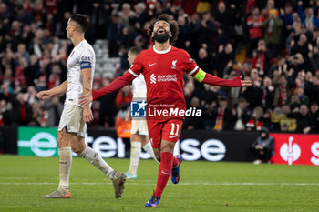 2023-10-26 - Liverpool forward Mohamed Salah (11) scores and celebrates 5-1 during the UEFA Europa League, Group E football match between Liverpool FC and Toulouse FC on October 26, 2023 at Anfield in Liverpool, England - FOOTBALL - EUROPA LEAGUE - LIVERPOOL V TOULOUSE - UEFA EUROPA LEAGUE - SOCCER