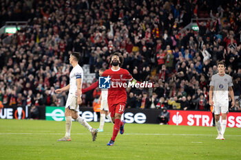2023-10-26 - Liverpool forward Mohamed Salah (11) scores and celebrates 5-1 during the UEFA Europa League, Group E football match between Liverpool FC and Toulouse FC on October 26, 2023 at Anfield in Liverpool, England - FOOTBALL - EUROPA LEAGUE - LIVERPOOL V TOULOUSE - UEFA EUROPA LEAGUE - SOCCER