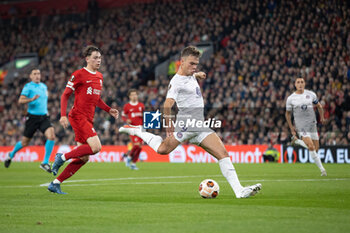 2023-10-26 - Toulouse forward Thijs Dallinga (9) scores a goal 1-1 during the UEFA Europa League, Group E football match between Liverpool FC and Toulouse FC on October 26, 2023 at Anfield in Liverpool, England - FOOTBALL - EUROPA LEAGUE - LIVERPOOL V TOULOUSE - UEFA EUROPA LEAGUE - SOCCER