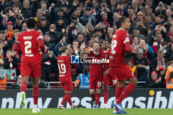 2023-10-26 - Liverpool forward Diogo Jota (20) scores and celebrates 1-0 during the UEFA Europa League, Group E football match between Liverpool FC and Toulouse FC on October 26, 2023 at Anfield in Liverpool, England - FOOTBALL - EUROPA LEAGUE - LIVERPOOL V TOULOUSE - UEFA EUROPA LEAGUE - SOCCER
