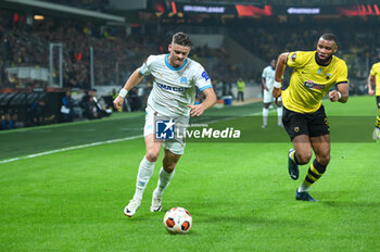 2023-11-09 - 9 Vitor Manuel Carvalho Oliveira of Marseille competing with 2 Harold Moukoudi of AEK FC during the UEFA Europa League, Group B match between AEK FC and Marseille at Opap Arena on November 9, 2023, in Athens, Greece. - AEK FC VS MARSEILLE - UEFA EUROPA LEAGUE, GROUP B - UEFA EUROPA LEAGUE - SOCCER