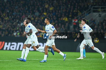 2023-11-09 - Marseille players celebrating the goal during the UEFA Europa League, Group B match between AEK FC and Marseille at Opap Arena on November 9, 2023, in Athens, Greece. - AEK FC VS MARSEILLE - UEFA EUROPA LEAGUE, GROUP B - UEFA EUROPA LEAGUE - SOCCER