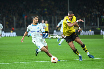 2023-11-09 - 29 Iliman Ndiaye of Marseille competing with 2 Harold Moukoudi of AEK FC during the UEFA Europa League, Group B match between AEK FC and Marseille at Opap Arena on November 9, 2023, in Athens, Greece. - AEK FC VS MARSEILLE - UEFA EUROPA LEAGUE, GROUP B - UEFA EUROPA LEAGUE - SOCCER