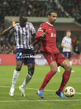 2023-11-09 - Moussa Diarra of Toulouse, Joel Matip of Liverpool during the UEFA Europa League, Group E football match between Toulouse FC and Liverpool FC on November 9, 2023 at the Stadium in Toulouse, France - FOOTBALL - EUROPA LEAGUE - TOULOUSE V LIVERPOOL - UEFA EUROPA LEAGUE - SOCCER