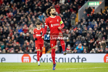 2023-11-30 - Liverpool forward Mohamed Salah (11) scores and celebrates 3-0 during the UEFA Europa League, Group E football match between Liverpool and LASK on 30 November 2023 at Anfield stadium in Liverpool, England - FOOTBALL - EUROPA LEAGUE - LIVERPOOL V LASK - UEFA EUROPA LEAGUE - SOCCER