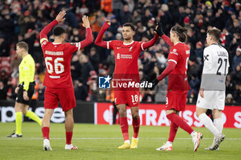 2023-11-30 - Liverpool forward Cody Gakpo (18) scores and celebrates 4-0 during the UEFA Europa League, Group E football match between Liverpool and LASK on 30 November 2023 at Anfield stadium in Liverpool, England - FOOTBALL - EUROPA LEAGUE - LIVERPOOL V LASK - UEFA EUROPA LEAGUE - SOCCER