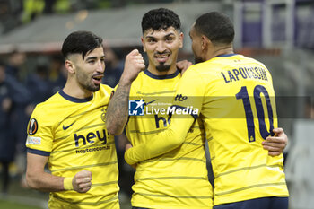 2023-12-14 - Cameron Puertas of Union Saint-Gilloise celebrates his goal with teammates during the UEFA Europa League, Group E football match between Royale Union Saint-Gilloise and Liverpool FC on December 14, 2023 at Lotto Park in Anderlecht, Belgium - FOOTBALL - EUROPA LEAGUE - UNION SG V LIVERPOOL - UEFA EUROPA LEAGUE - SOCCER
