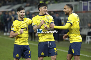2023-12-14 - Cameron Puertas of Union Saint-Gilloise celebrates his goal with Mohammed Amoura and Loic Lapoussin during the UEFA Europa League, Group E football match between Royale Union Saint-Gilloise and Liverpool FC on December 14, 2023 at Lotto Park in Anderlecht, Belgium - FOOTBALL - EUROPA LEAGUE - UNION SG V LIVERPOOL - UEFA EUROPA LEAGUE - SOCCER