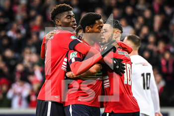2023-01-08 - Jonathan DAVID of Lille celebrate his goal with teammates during the French Cup, round of 64 football match between LOSC Lille and ESTAC Troyes on January 8, 2023 at Pierre Mauroy stadium in Villeneuve-d'Ascq, France - FOOTBALL - FRENCH CUP - LILLE V TROYES - FRENCH CUP - SOCCER