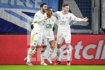 2023-02-08 - Alexis SANCHEZ of Marseille celebrate his goal with Sead KOLASINAC of Marseille and Jordan VERETOUT of Marseille during the French Cup, round of 16 football match between Olympique de Marseille and Paris Saint-Germain on February 8, 2023 at Velodrome stadium in Marseille, France - FOOTBALL - FRENCH CUP - MARSEILLE V PARIS SG - FRENCH CUP - SOCCER