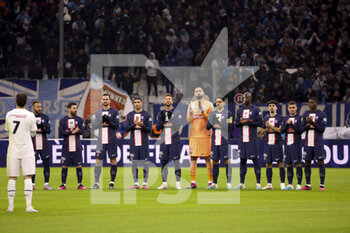 2023-02-08 - Teams pay tribute to the victims of Turkey and Syria earthquakes before the French Cup round of 16 football match between Olympique de Marseille (OM) and Paris Saint-Germain (PSG) on February 8, 2023 at Stade Velodrome in Marseille, France - FOOTBALL - FRENCH CUP - MARSEILLE V PARIS SG - FRENCH CUP - SOCCER