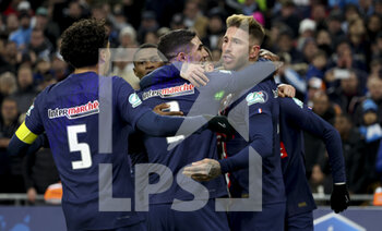 2023-02-08 - Sergio Ramos of PSG celebrates his goal with teammates during the French Cup round of 16 football match between Olympique de Marseille (OM) and Paris Saint-Germain (PSG) on February 8, 2023 at Stade Velodrome in Marseille, France - FOOTBALL - FRENCH CUP - MARSEILLE V PARIS SG - FRENCH CUP - SOCCER