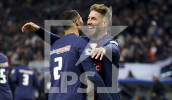 2023-02-08 - Sergio Ramos of PSG celebrates his goal with Achraf Hakimi (left) during the French Cup round of 16 football match between Olympique de Marseille (OM) and Paris Saint-Germain (PSG) on February 8, 2023 at Stade Velodrome in Marseille, France - FOOTBALL - FRENCH CUP - MARSEILLE V PARIS SG - FRENCH CUP - SOCCER