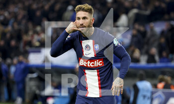2023-02-08 - Sergio Ramos of PSG celebrates his goal during the French Cup round of 16 football match between Olympique de Marseille (OM) and Paris Saint-Germain (PSG) on February 8, 2023 at Stade Velodrome in Marseille, France - FOOTBALL - FRENCH CUP - MARSEILLE V PARIS SG - FRENCH CUP - SOCCER