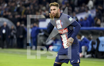 2023-02-08 - Sergio Ramos of PSG celebrates his goal during the French Cup round of 16 football match between Olympique de Marseille (OM) and Paris Saint-Germain (PSG) on February 8, 2023 at Stade Velodrome in Marseille, France - FOOTBALL - FRENCH CUP - MARSEILLE V PARIS SG - FRENCH CUP - SOCCER