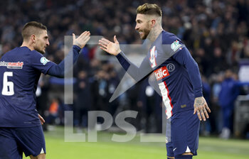 2023-02-08 - Sergio Ramos of PSG celebrates his goal with Marco Verratti (left) during the French Cup round of 16 football match between Olympique de Marseille (OM) and Paris Saint-Germain (PSG) on February 8, 2023 at Stade Velodrome in Marseille, France - FOOTBALL - FRENCH CUP - MARSEILLE V PARIS SG - FRENCH CUP - SOCCER