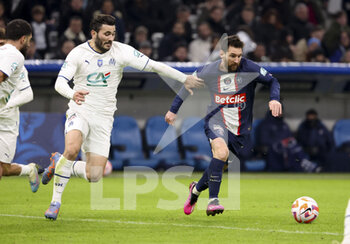 2023-02-08 - Lionel Messi of PSG, Sead Kolasinac of Marseille (left) during the French Cup round of 16 football match between Olympique de Marseille (OM) and Paris Saint-Germain (PSG) on February 8, 2023 at Stade Velodrome in Marseille, France - FOOTBALL - FRENCH CUP - MARSEILLE V PARIS SG - FRENCH CUP - SOCCER