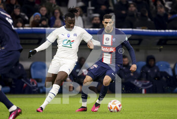 2023-02-08 - Achraf Hakimi of PSG, Issa Kabore of Marseille (left) during the French Cup round of 16 football match between Olympique de Marseille (OM) and Paris Saint-Germain (PSG) on February 8, 2023 at Stade Velodrome in Marseille, France - FOOTBALL - FRENCH CUP - MARSEILLE V PARIS SG - FRENCH CUP - SOCCER