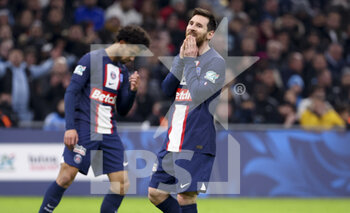 2023-02-08 - Lionel Messi of PSG reacts after missing a goal during the French Cup round of 16 football match between Olympique de Marseille (OM) and Paris Saint-Germain (PSG) on February 8, 2023 at Stade Velodrome in Marseille, France - FOOTBALL - FRENCH CUP - MARSEILLE V PARIS SG - FRENCH CUP - SOCCER