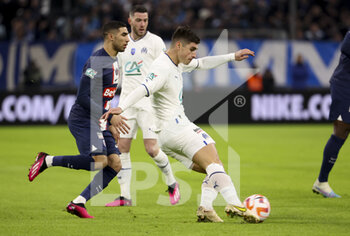 2023-02-09 - Rusland Malinovskyi of Marseille, Achraf Hakimi of PSG (left) during the French Cup round of 16 football match between Olympique de Marseille (OM) and Paris Saint-Germain (PSG) on February 8, 2023 at Stade Velodrome in Marseille, France - FOOTBALL - FRENCH CUP - MARSEILLE V PARIS SG - FRENCH CUP - SOCCER