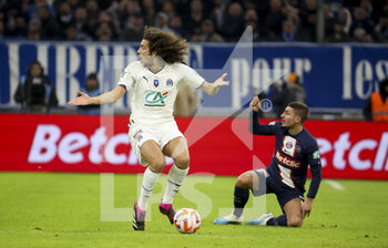 2023-02-09 - Matteo Guendouzi of Marseille, Marco Verratti of PSG during the French Cup round of 16 football match between Olympique de Marseille (OM) and Paris Saint-Germain (PSG) on February 8, 2023 at Stade Velodrome in Marseille, France - FOOTBALL - FRENCH CUP - MARSEILLE V PARIS SG - FRENCH CUP - SOCCER