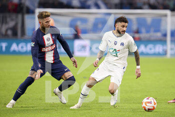 2023-02-09 - Jonathan Clauss of Marseille, Sergio Ramos of PSG (left) during the French Cup round of 16 football match between Olympique de Marseille (OM) and Paris Saint-Germain (PSG) on February 8, 2023 at Stade Velodrome in Marseille, France - FOOTBALL - FRENCH CUP - MARSEILLE V PARIS SG - FRENCH CUP - SOCCER