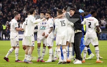 2023-02-09 - Players of Marseille celebrate the victory following the French Cup round of 16 football match between Olympique de Marseille (OM) and Paris Saint-Germain (PSG) on February 8, 2023 at Stade Velodrome in Marseille, France - FOOTBALL - FRENCH CUP - MARSEILLE V PARIS SG - FRENCH CUP - SOCCER